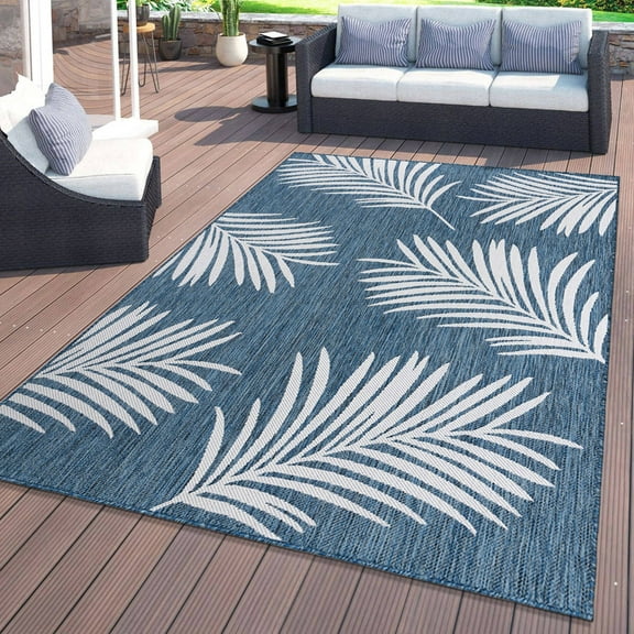 World Rug Gallery Contemporary Palm Leaves Textured Flat Weave Indoor/Outdoor Area Rug - NAVY 5' X 7'