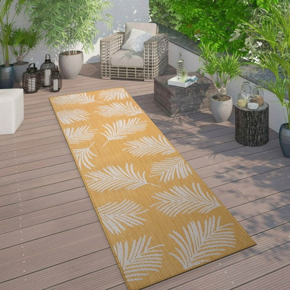 World Rug Gallery Contemporary Palm Leaves Textured Flat Weave Indoor/Outdoor Area Rug - YELLOW 2'x7'