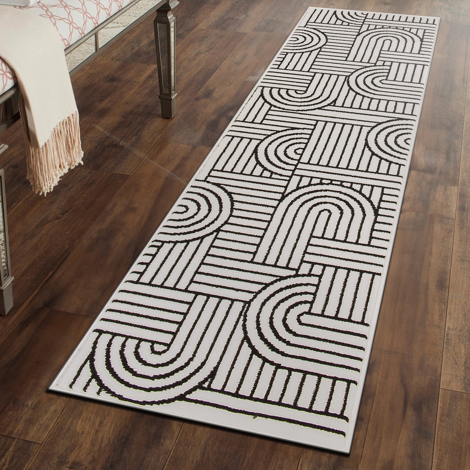 Cream and Black Abstract Synthetic Runner Rug, 2'x7'