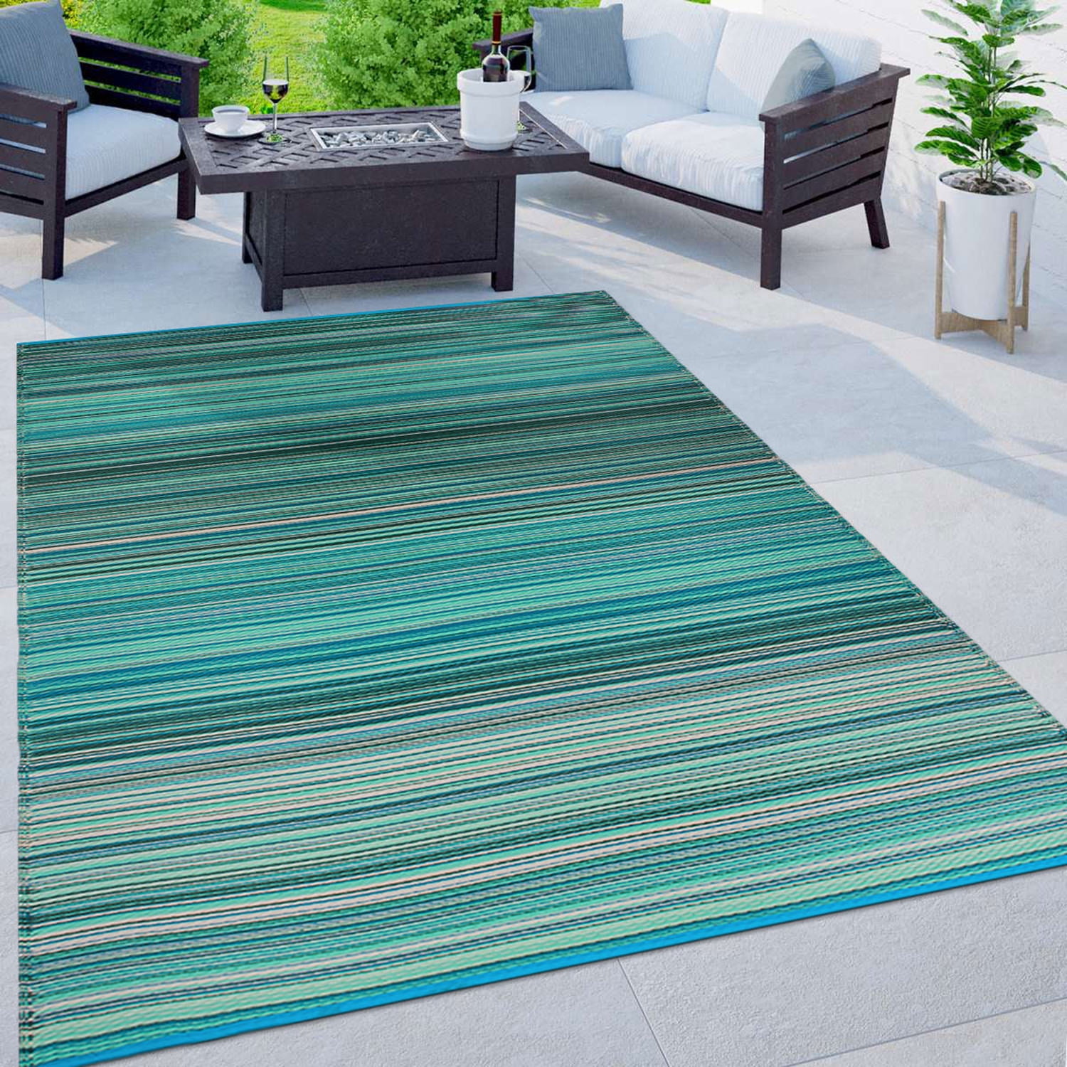 Plastic Ridged Rug World Rug Gallery Contemporary Stripe Reversible Plastic Rug, Blue, 3 ...