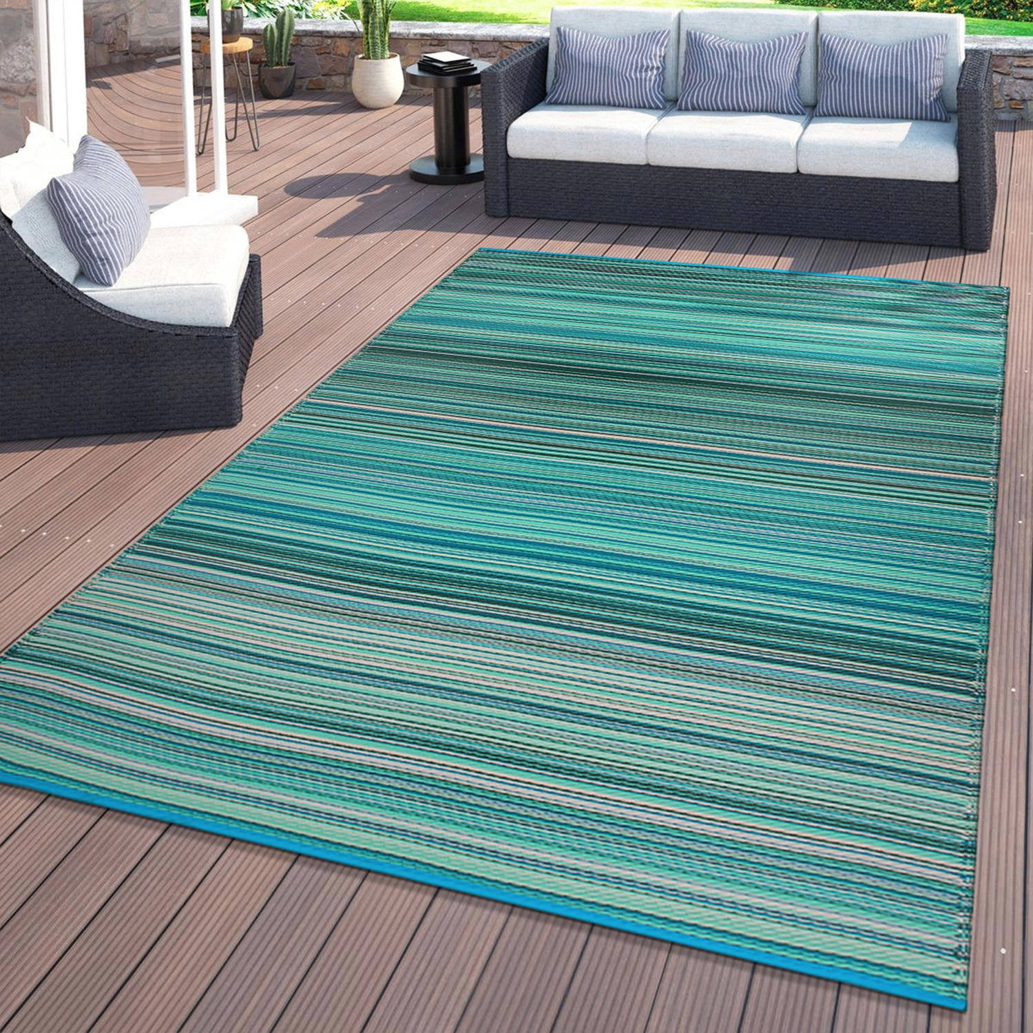 Blue Striped Reversible Synthetic Indoor/Outdoor Rug 3' x 5'