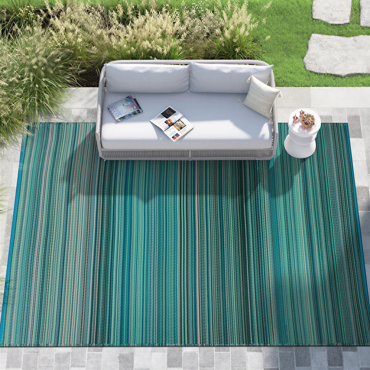 World Rug Gallery Contemporary Stripe Reversible Plastic Indoor and Outdoor Picnic Mat, Camping Rug, RV Rug - BLUE - 9'x18'