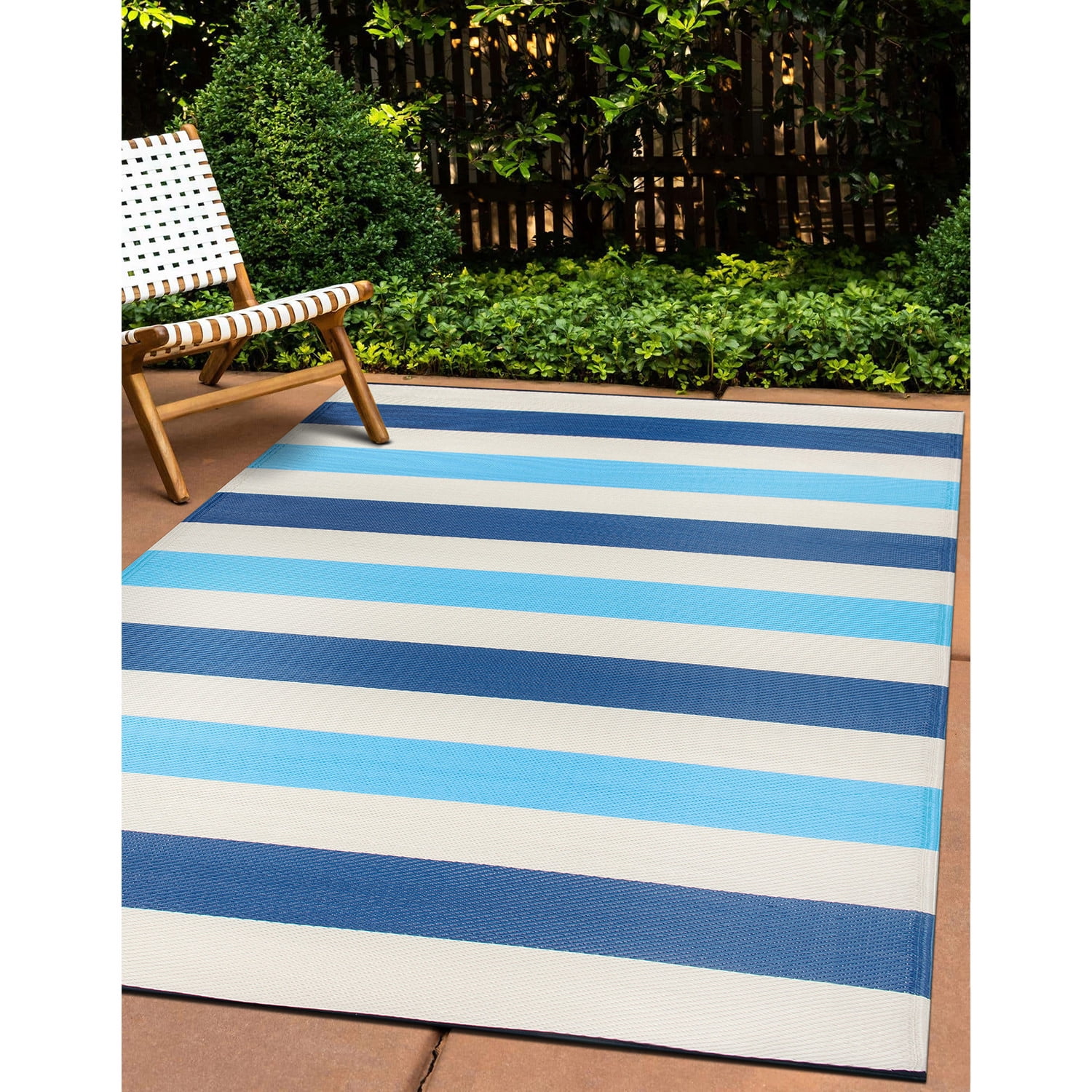 Blue and White Stripe Synthetic Reversible Outdoor Rug 5' x 7'