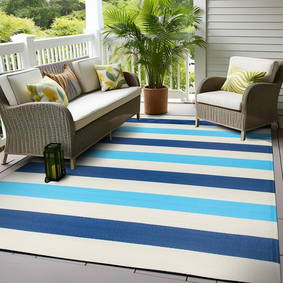 World Rug Gallery Contemporary Stripe Reversible Recycled Plastic Outdoor Picnic Mat, Camping Rug, RV Rug - BLUE 5'x7'