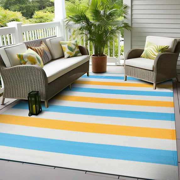 World Rug Gallery Contemporary Stripe Reversible Recycled Plastic Outdoor Picnic Mat, Camping Rug, RV Rug - MULTI 7'10"x10'