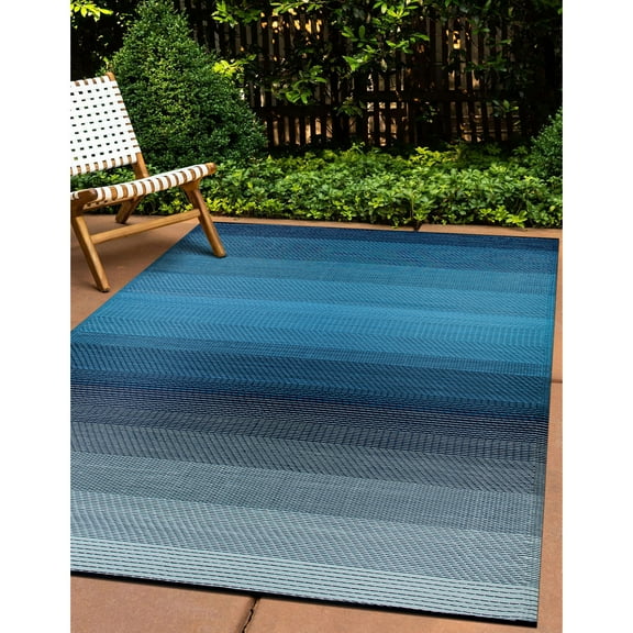 World Rug Gallery Contemporary Stripe Shade Reversible Recycled Plastic Outdoor Picnic Mat, Camping Rug, RV Rug - BLUE 3'3"x5'