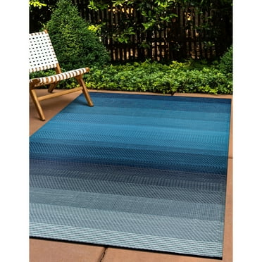 World Rug Gallery Contemporary Stripe Shade Reversible Recycled Plastic Outdoor Rugs - BLUE 5'x7'