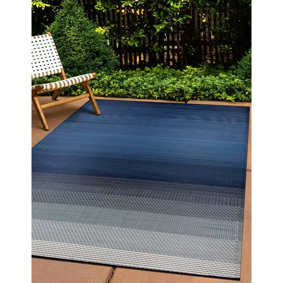 World Rug Gallery Contemporary Stripe Shade Reversible Recycled Plastic Outdoor Picnic Mat, Camping Rug, RV Rug - NAVY 3'3"x5'