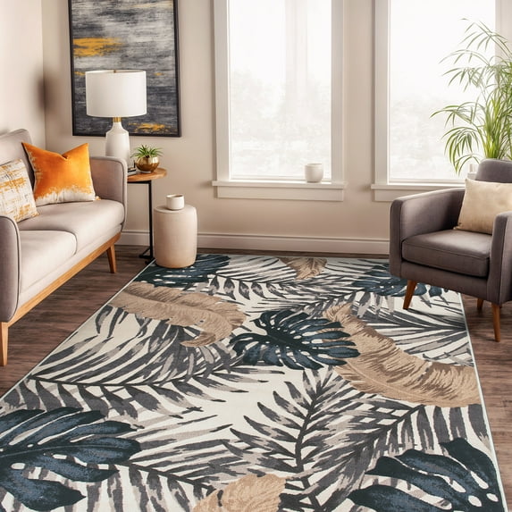 World Rug Gallery Contemporary Tropical Floral Leaves Non Slip Area Rug - BEIGE 5'X7'