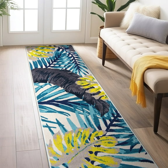 World Rug Gallery Contemporary Tropical Floral Leaves Non Slip Area Rug - BLUE 2'x7'