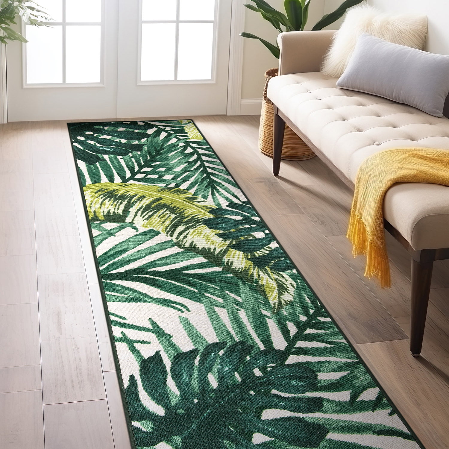 Green and Yellow Tropical Floral Non-Slip Synthetic Runner Rug