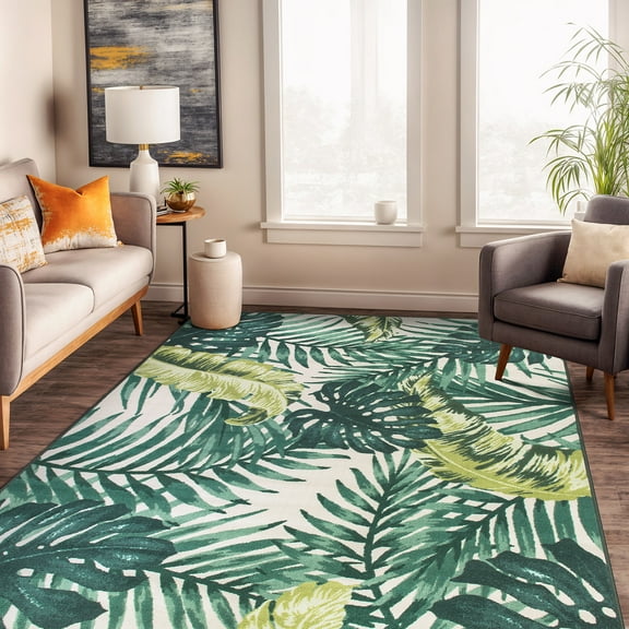 World Rug Gallery Contemporary Tropical Floral Leaves Non Slip Area Rug - GREEN 5'X7'