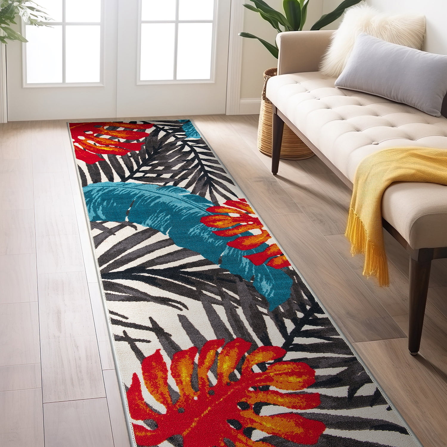 Multi-Color Tropical Floral Leaves Non-Slip Runner Rug, 2' x 7'