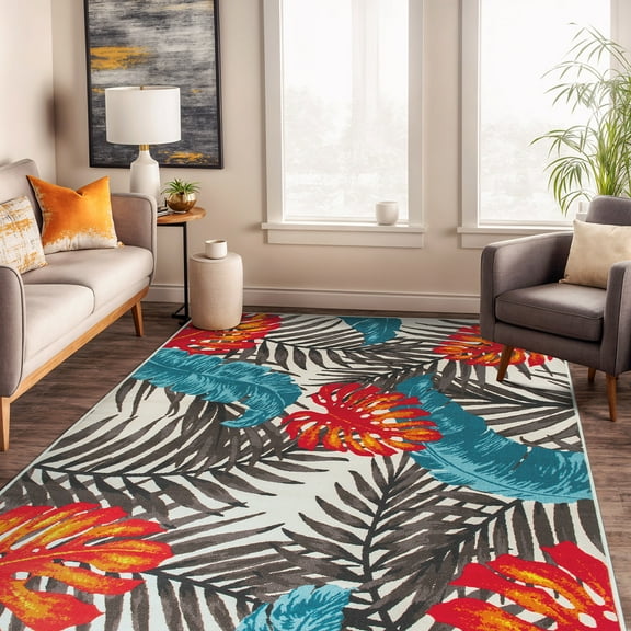 World Rug Gallery Contemporary Tropical Floral Leaves Non Slip Area Rug - MULTI 5'X7'