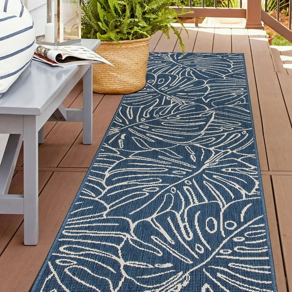World Rug Gallery Contemporary Tropical Leaves Weather Resistant Reversible Indoor/Outdoor Area Rug - Blue 2'x7'