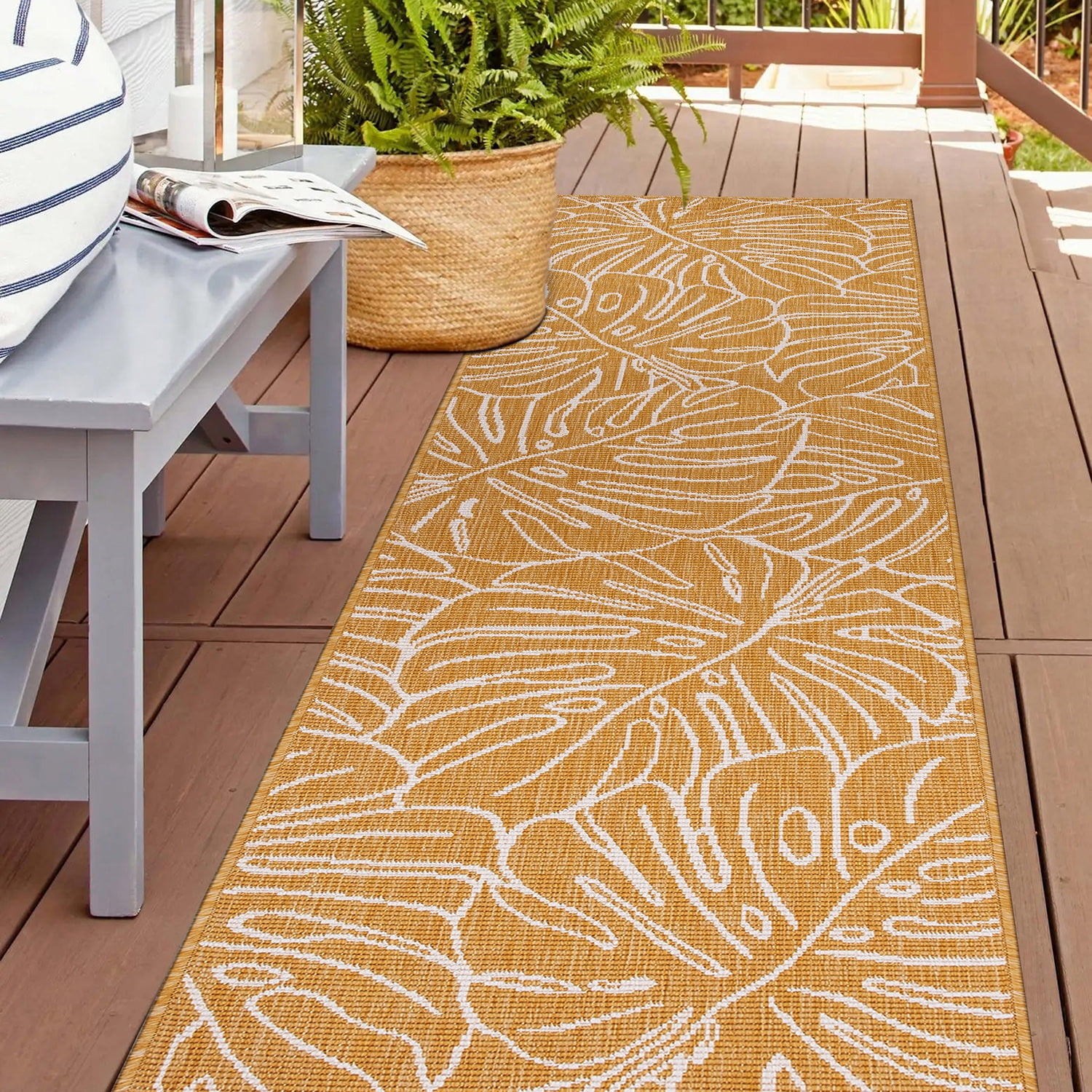 World Rug Gallery Contemporary Tropical Leaves Weather Resistant Reversible Indoor/Outdoor Area Rug - Yellow 2'x7'