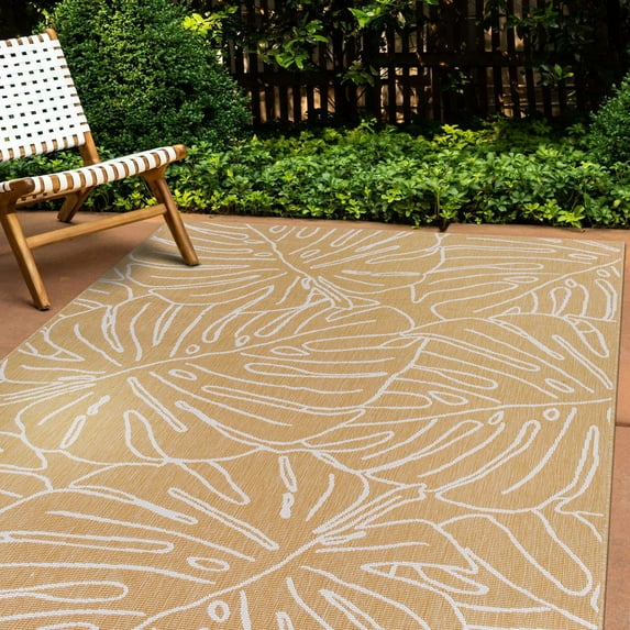 World Rug Gallery Contemporary Tropical Leaves Weather Resistant Reversible Indoor/Outdoor Area Rug - Yellow 7'10"x10'