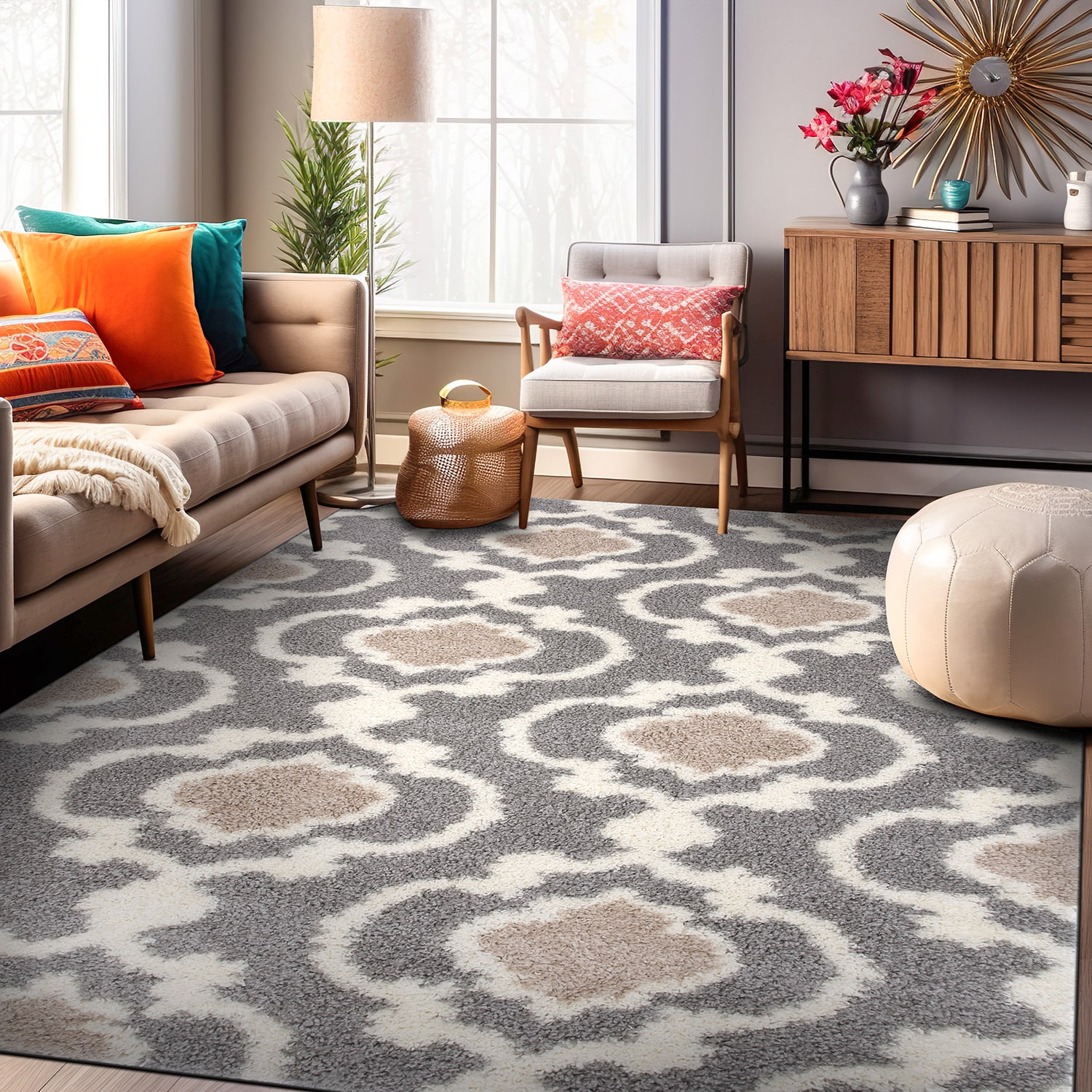 Elegant Gray Trellis 5' x 7' Shag Area Rug for Modern Comfort