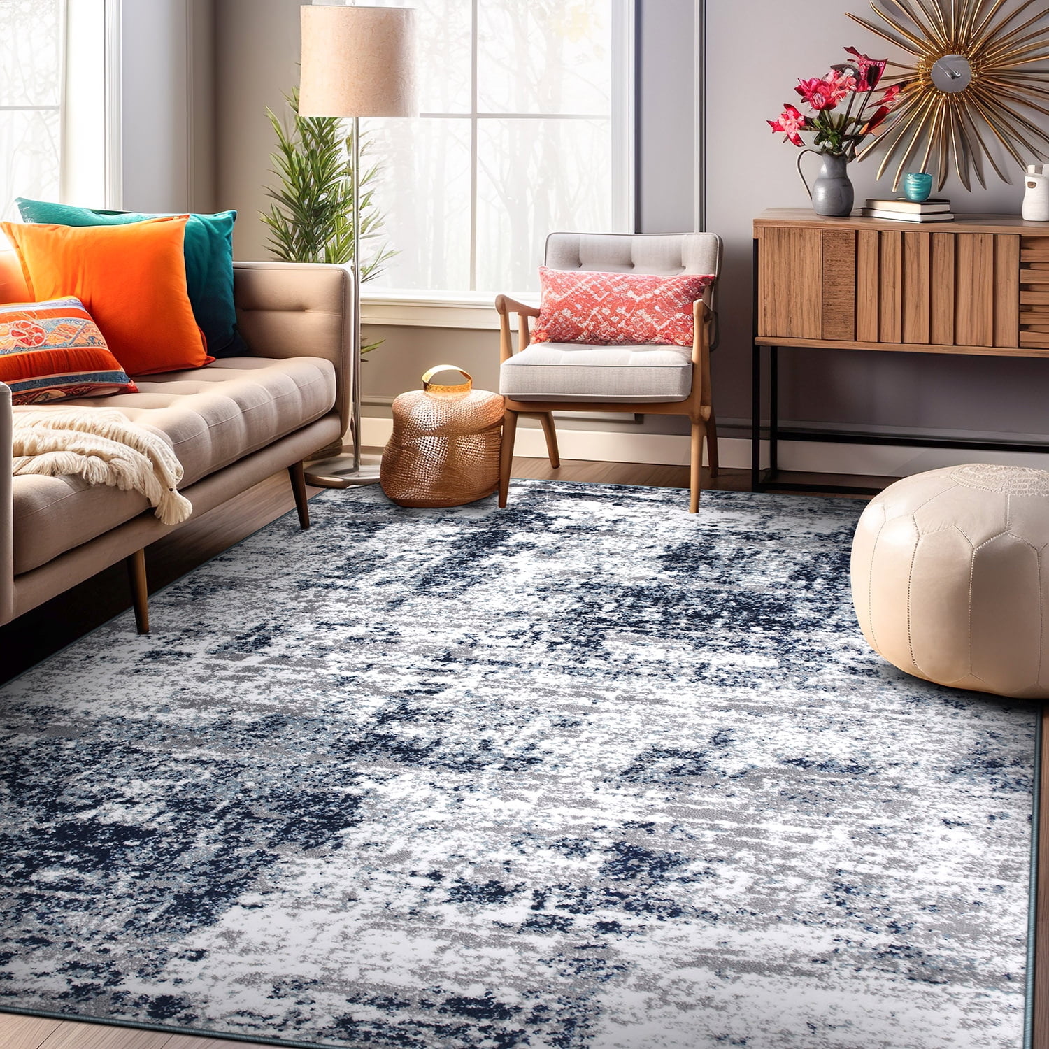 Blue and Gray Abstract Rectangular Area Rug