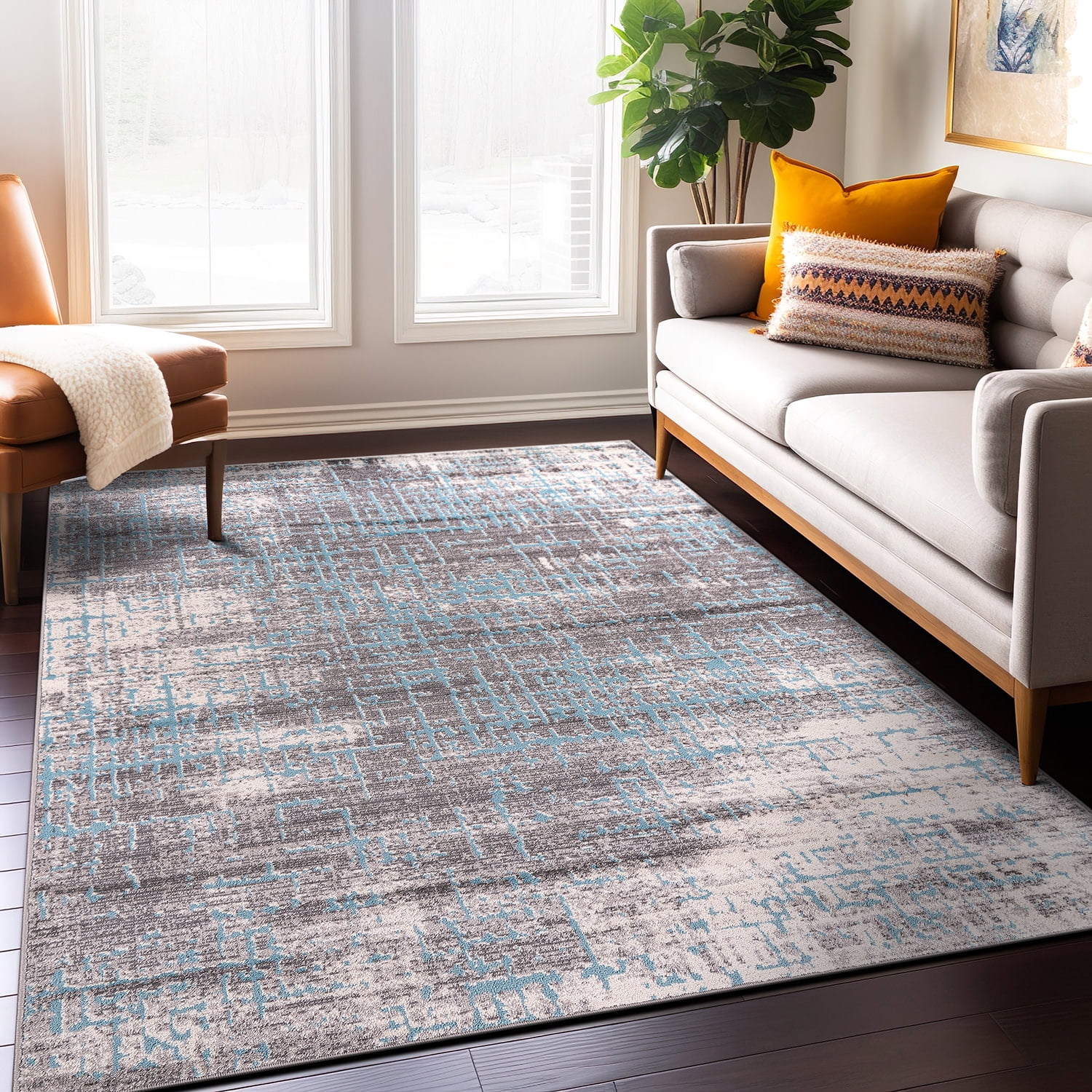 Blue and Gray Abstract Synthetic 5' x 7' Area Rug