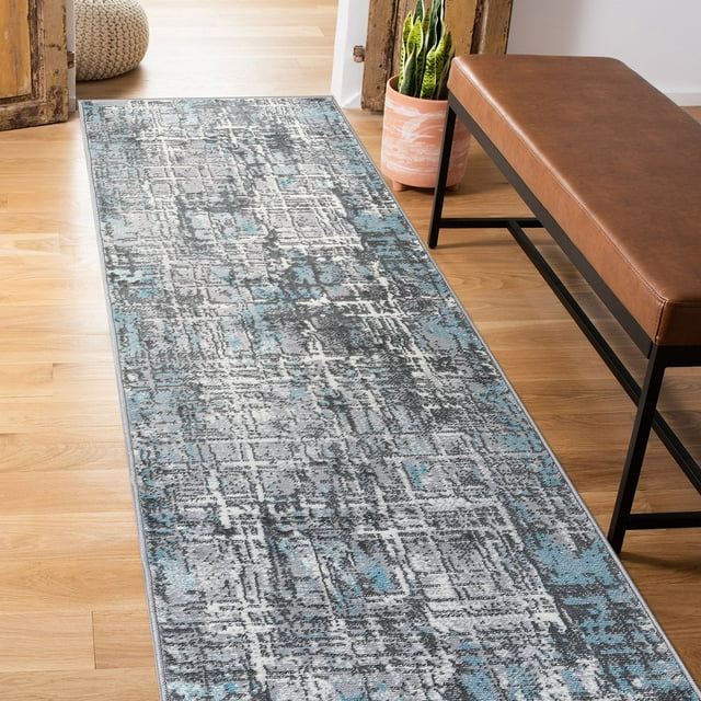 World Rug Gallery Distressed Abstract Stain Resistant Soft Area Rug - Blue 2'x7'