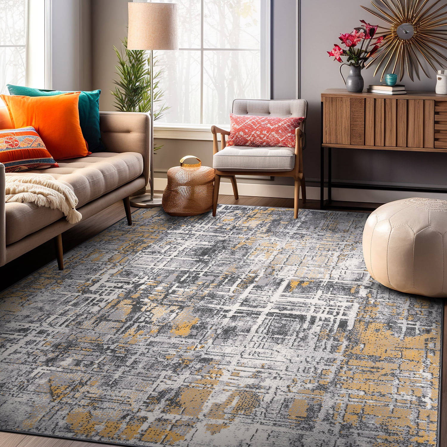 Yellow and Gray Abstract 5' x 7' Stain-Resistant Synthetic Area Rug