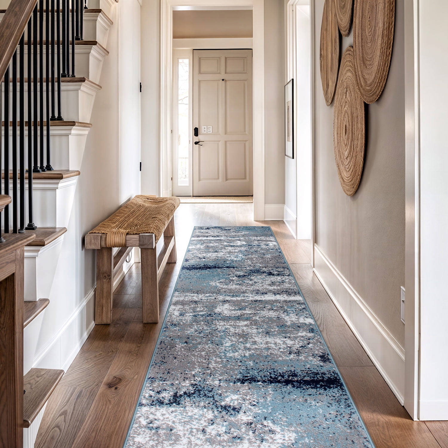 Blue and Gray Abstract Polypropylene Runner Rug 2'7" x 12'