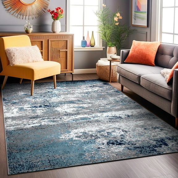 World Rug Gallery Distressed Abstract Watercolor Blue 5' x 7' Area Rug