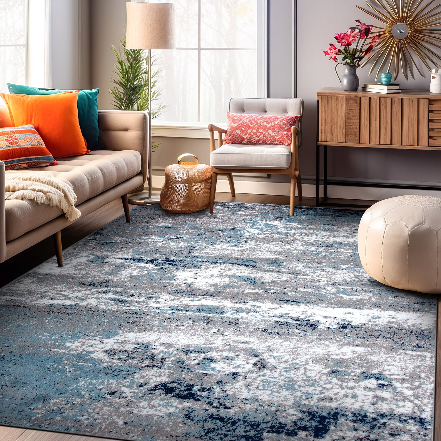 Bohemian Abstract Watercolor Synthetic 5' x 7' Blue Area Rug