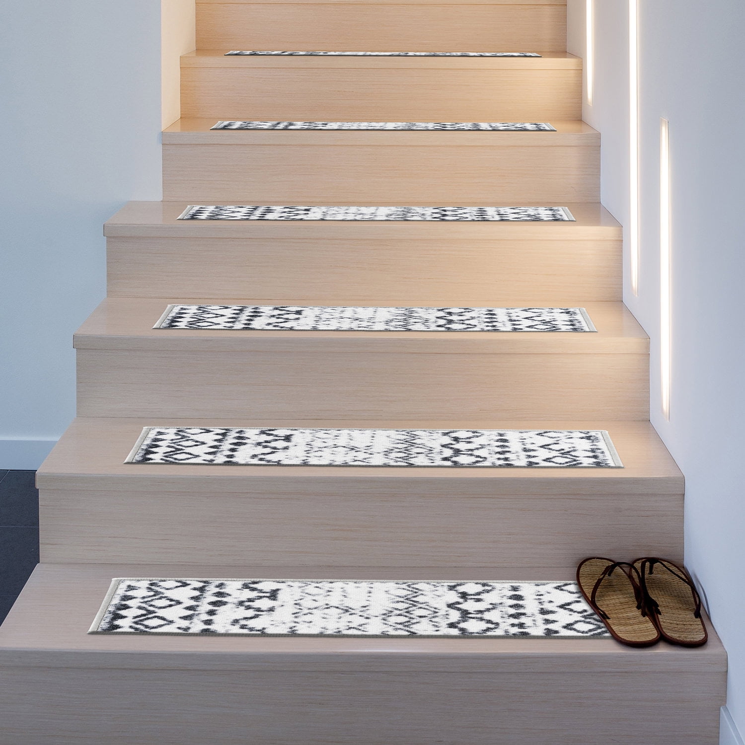 Distressed Black and White Bohemian Non-Slip Stair Treads Set
