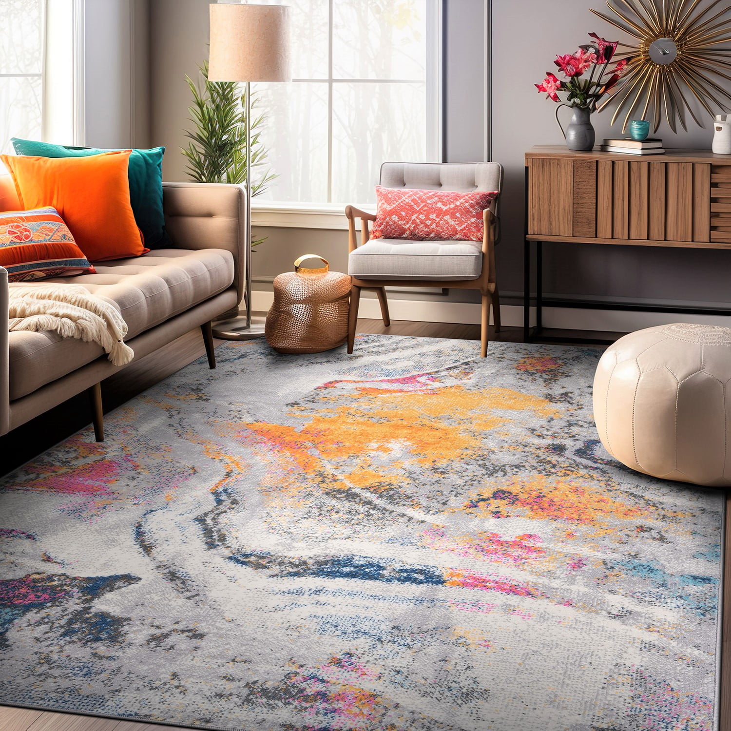 Distressed Multicolor Abstract Watercolor 5' x 7' Synthetic Area Rug