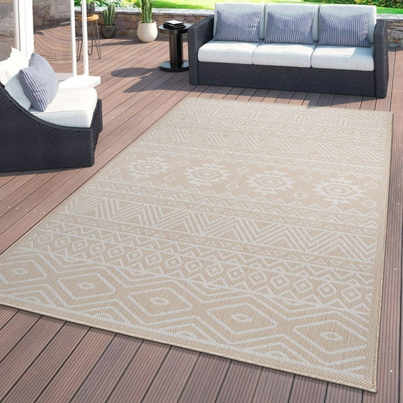 World Rug Gallery Distressed Geometric Bohemian Textured Flat Weave Indoor/Outdoor Area Rug - NATURAL 5' X 7'