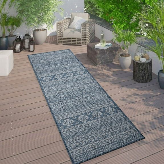 World Rug Gallery Distressed Geometric Bohemian Textured Flat Weave Indoor/Outdoor Area Rug - NAVY 2'x7'