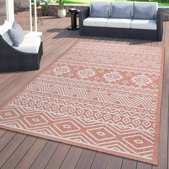 World Rug Gallery Distressed Geometric Bohemian Textured Flat Weave Indoor/Outdoor Area Rug - TERRA 5' X 7'