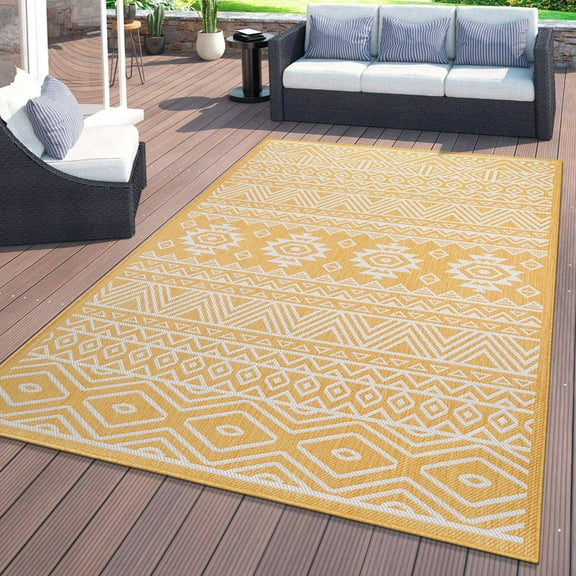 World Rug Gallery Distressed Geometric Bohemian Textured Flat Weave Indoor/Outdoor Area Rug - YELLOW 5' X 7'