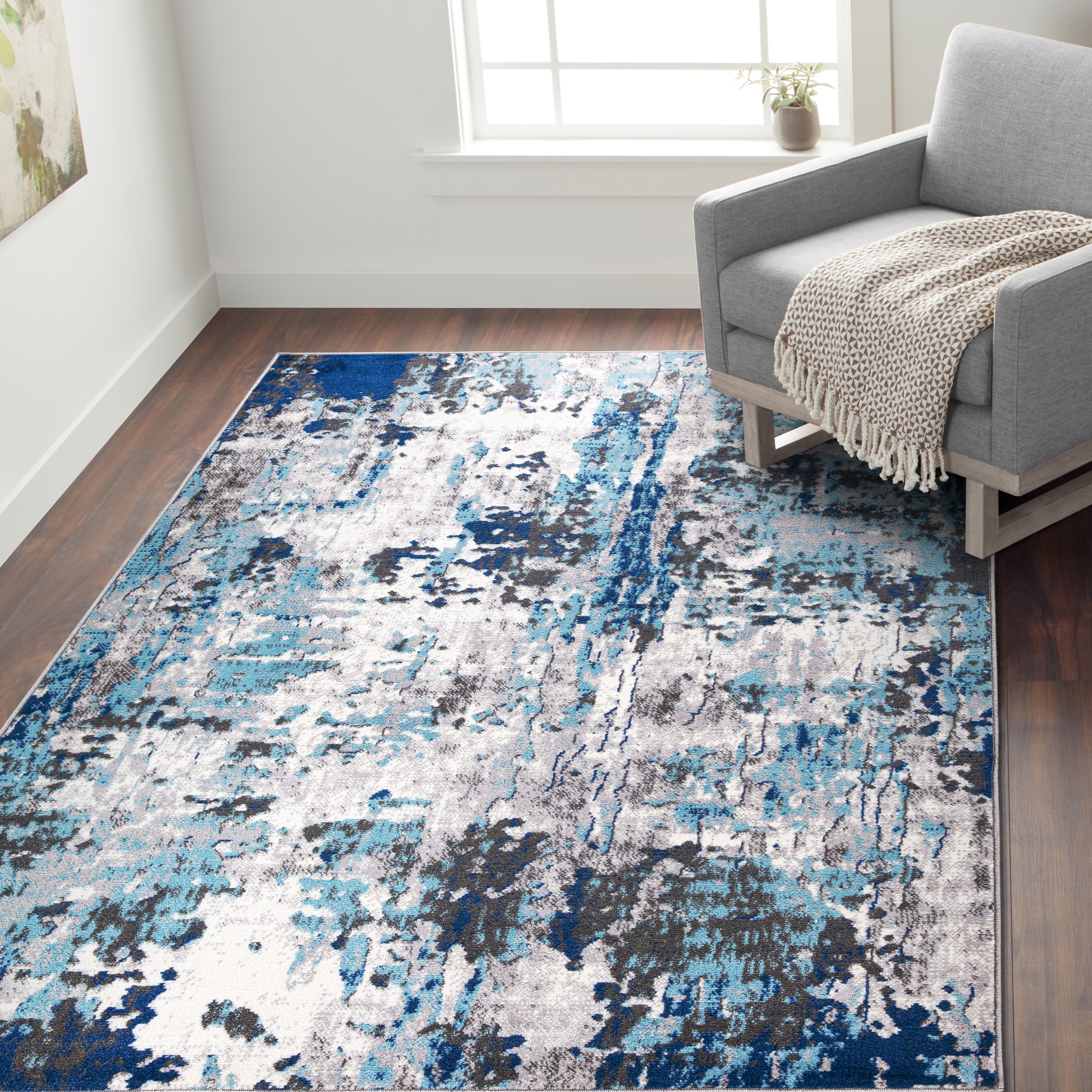 Blue and Gray Abstract Synthetic 5' x 7' Area Rug