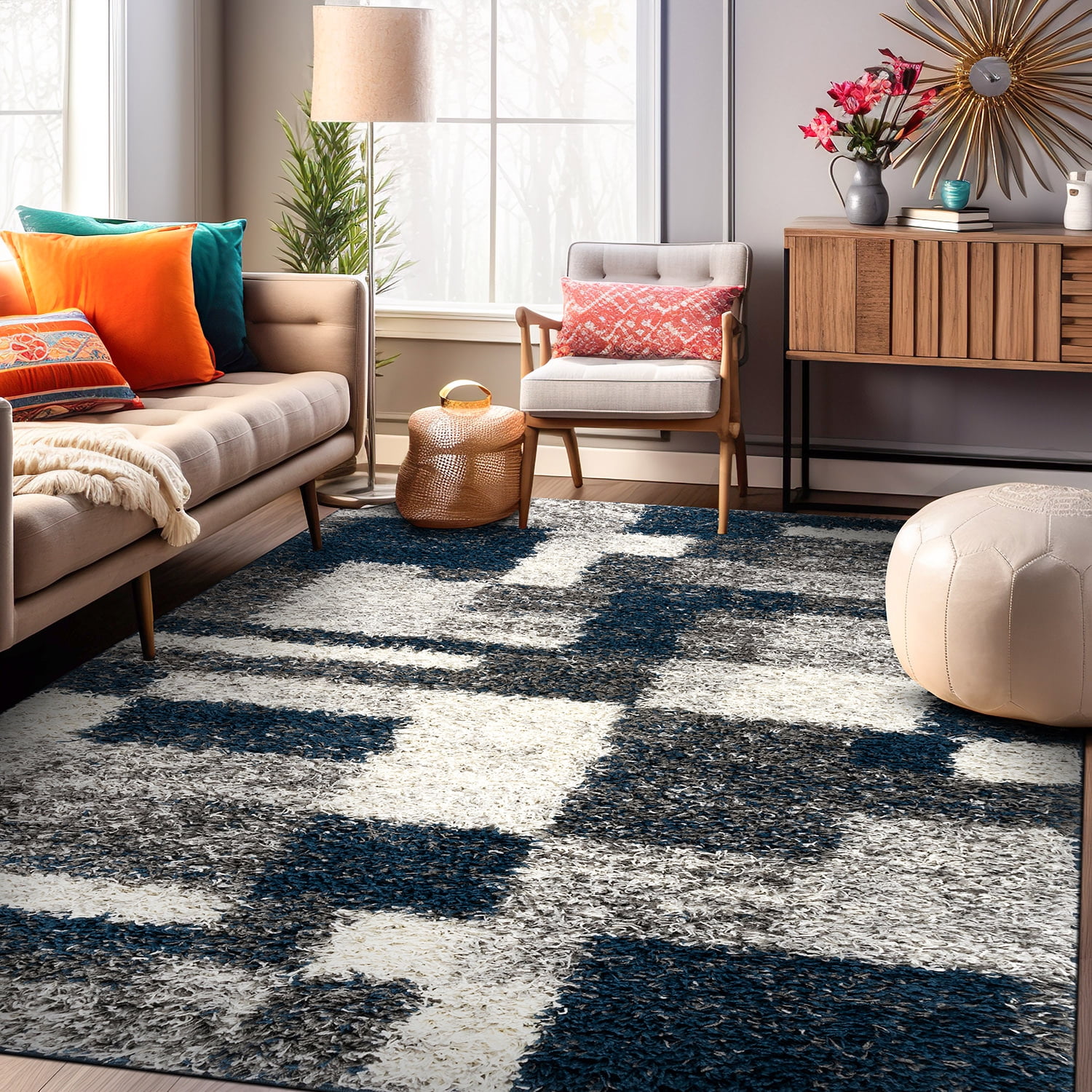 Navy and Gray Rectangular Synthetic Shag Area Rug 7'10" x 10'