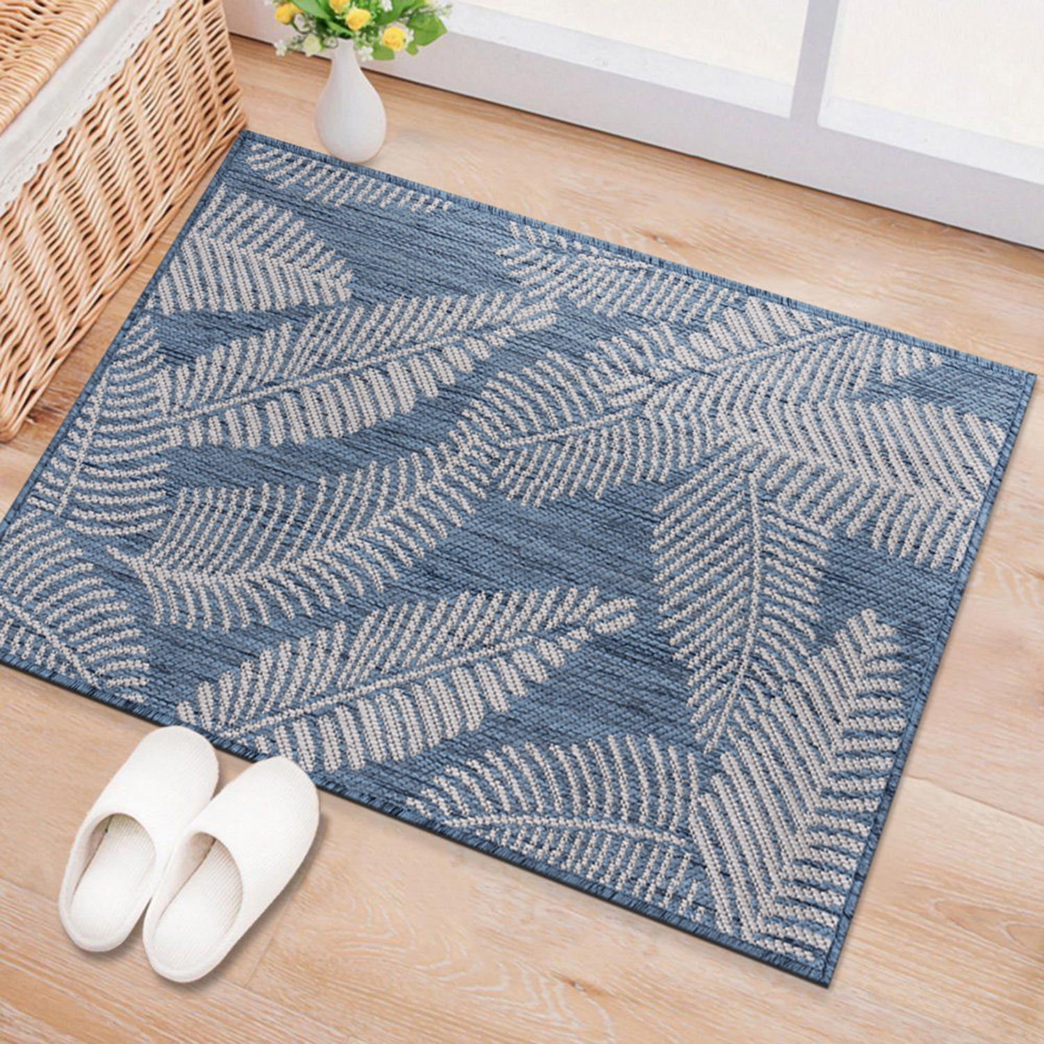 Blue and Beige Floral Palm Leaves Flat Woven Reversible Rug