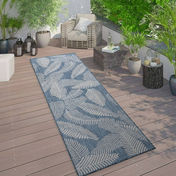 World Rug Gallery Distressed Palm Leaves Textured Flat Weave Indoor/Outdoor Area Rug - BLUE 2'x7'