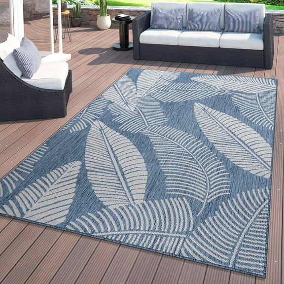 World Rug Gallery Distressed Palm Leaves Textured Flat Weave Indoor/Outdoor Area Rug - BLUE 5' X 7'