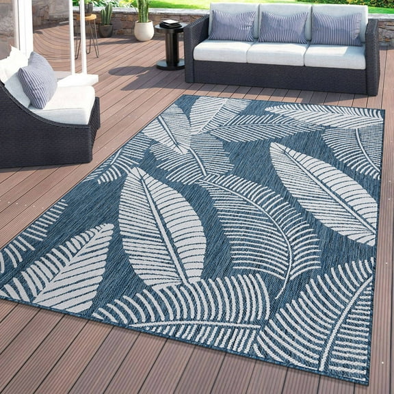 World Rug Gallery Distressed Palm Leaves Textured Flat Weave Indoor/Outdoor Area Rug - NAVY 5' X 7'