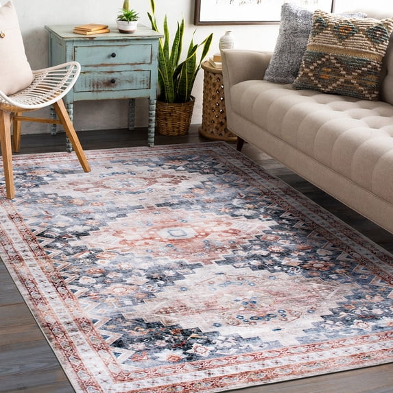 World Rug Gallery Distressed Transitional Machine Washable Area Rug Multi 5'x7' 5' x 8' Indoor Living Room,Kitchen,Bedroom Rust,Ivory Rectangle