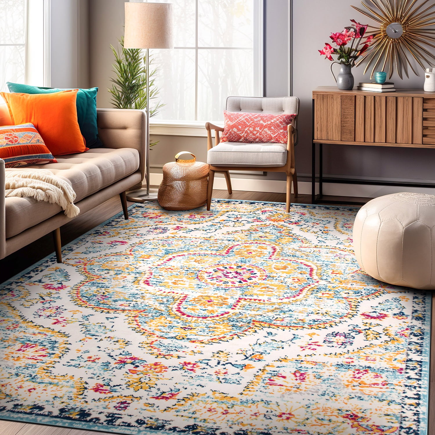 Bohemian Blue and Multicolor Distressed Vintage Area Rug 5' x 7'