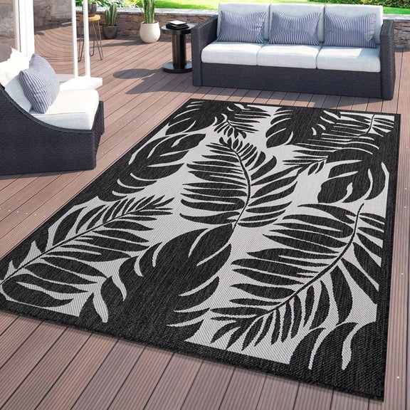 World Rug Gallery Floral Leaves Textured Flat Weave Indoor/Outdoor Area Rug - BLACK 5' X 7'