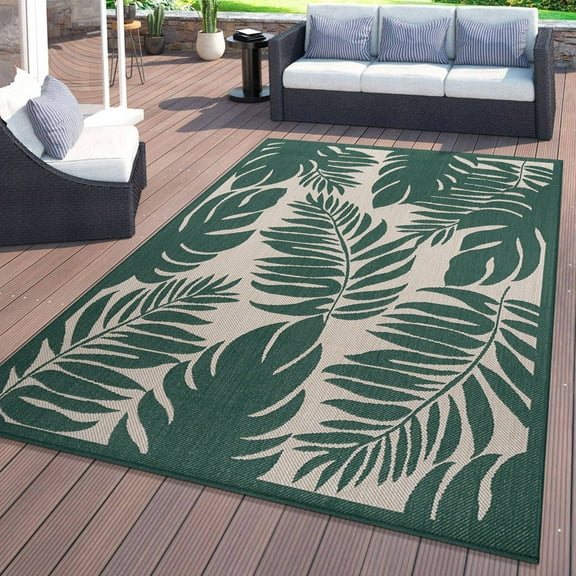 World Rug Gallery Floral Leaves Textured Flat Weave Indoor/Outdoor Area Rug - GREEN 5' X 7'