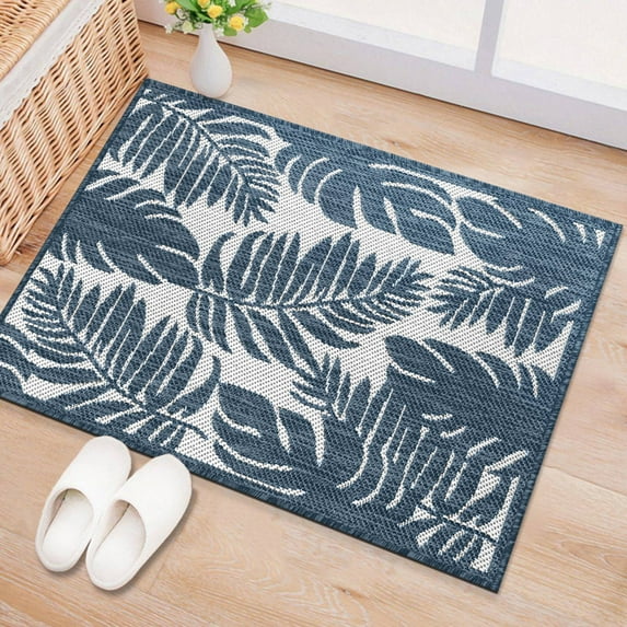 World Rug Gallery Floral Leaves Textured Flat Weave Indoor/Outdoor Area Rug - NAVY 2'x3'