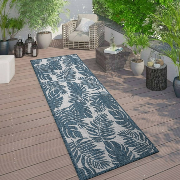 World Rug Gallery Floral Leaves Textured Flat Weave Indoor/Outdoor Area Rug - NAVY 2'x7'