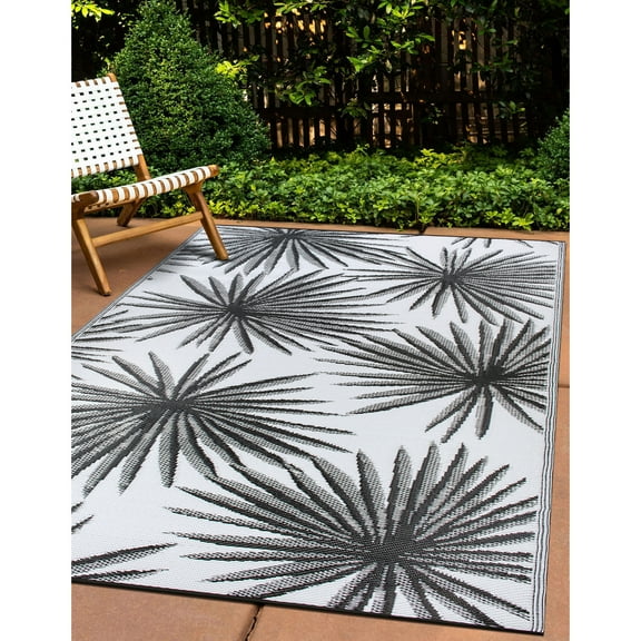 World Rug Gallery Floral Tropical Reversible Recycled Plastic Outdoor Picnic Mat, Camping Rug, RV Rug - BLACK 3'3"x5'