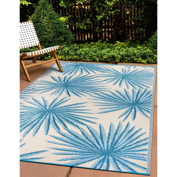 World Rug Gallery Floral Tropical Reversible Recycled Plastic Outdoor Picnic Mat, Camping Rug, RV Rug - BLUE 3'3"x5'