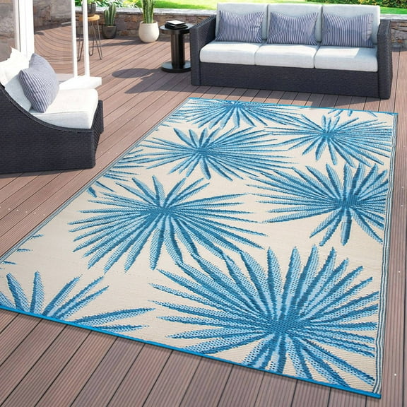 World Rug Gallery Floral Tropical Reversible Recycled Plastic Outdoor Picnic Mat, Camping Rug, RV Rug - BLUE 5'x7'